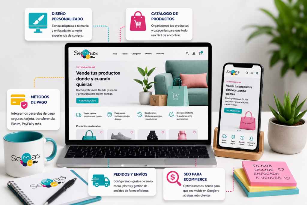 Diseño y desarrollo de tienda online WooCommerce con catálogo de productos, métodos de pago, gestión de pedidos y optimización SEO para ecommerce.
