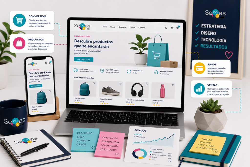 Espacio de trabajo de Semasweb con portátil y móvil mostrando una tienda online optimizada, paneles de conversión, productos, pagos y ventas, orientada al crecimiento de negocios ecommerce.