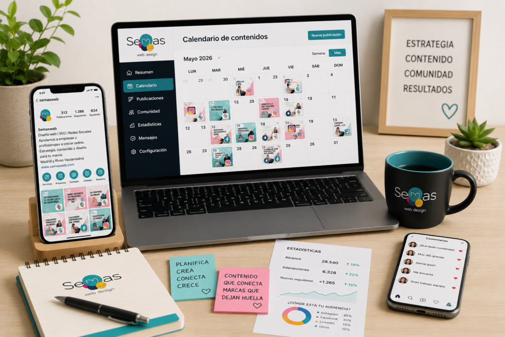 Planificación de contenidos y gestión profesional de redes sociales con calendario editorial, publicaciones, análisis de resultados e interacción con la comunidad para empresas.