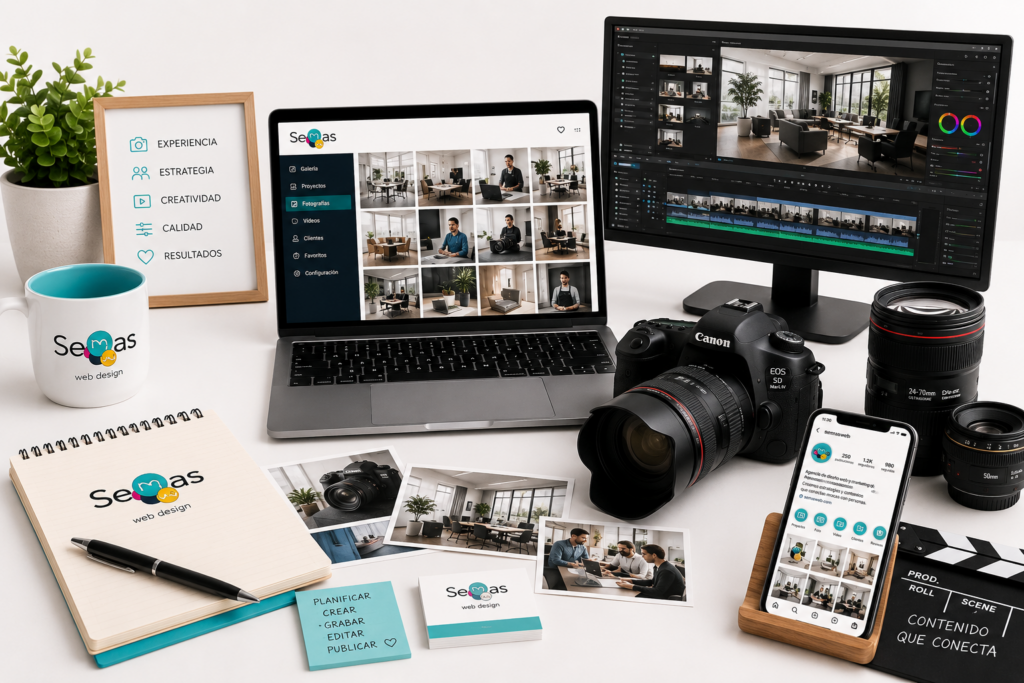 Espacio de trabajo profesional para fotografía y vídeo corporativo con cámara, monitor de edición, galería de imágenes, contenido para redes sociales y elementos de marca orientados a la creación de contenido visual para empresas.
