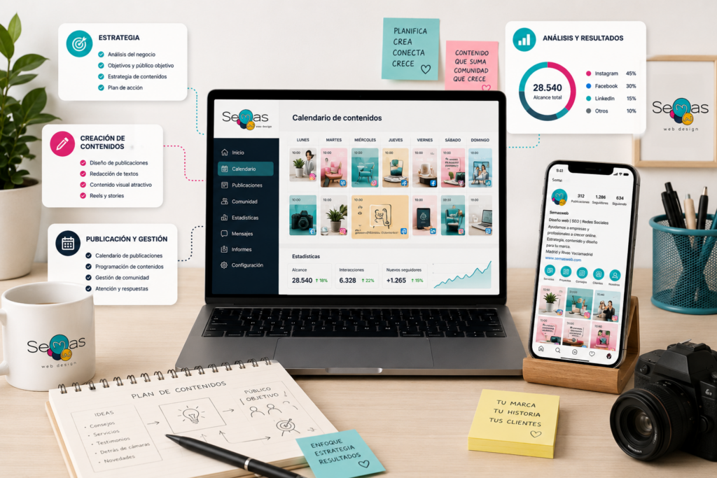 Gestión profesional de redes sociales con planificación de contenidos, calendario editorial, creación de publicaciones, análisis de resultados y estrategia digital para empresas.