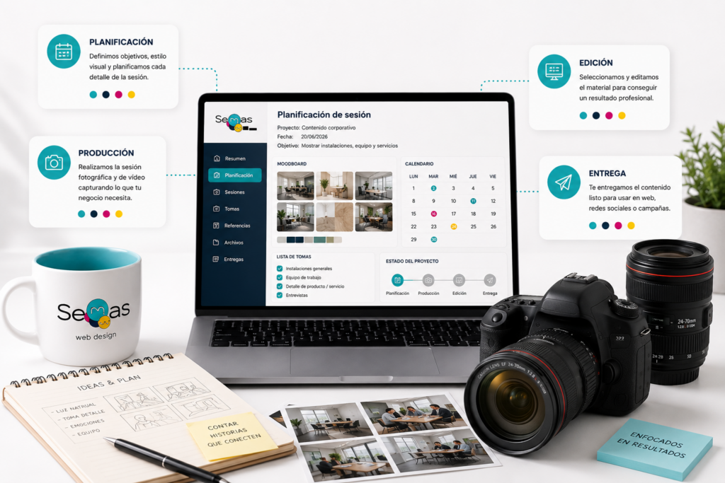Planificación de sesión fotográfica y de vídeo profesional para empresas con calendario de producción, cámara fotográfica, material visual corporativo y contenido preparado para web y redes sociales.