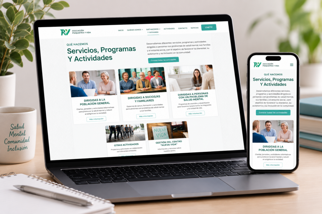Diseño web de Asociación Psiquiatría y Vida mostrando sus servicios, programas y actividades